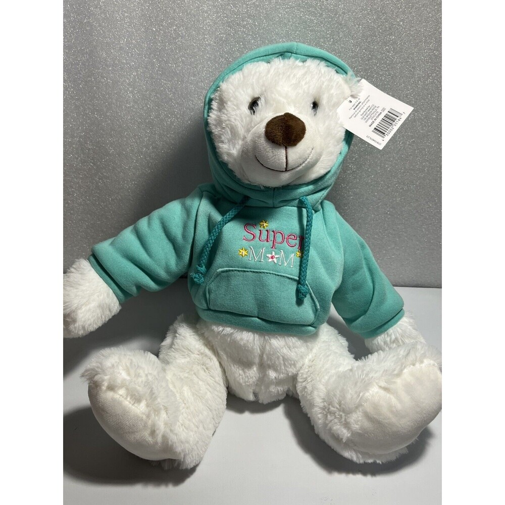 NEW  Mama Bear Stuffed Plush White  Green Hoodie Embroidered 14" Mothers Day